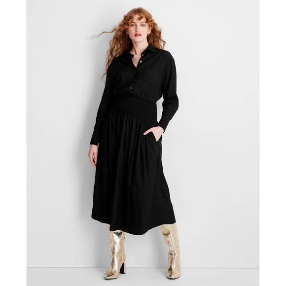 NEW Future Collective Women's XS Collared Long Sleeve Smocked Midi Shirtdress - Picture 1 of 10